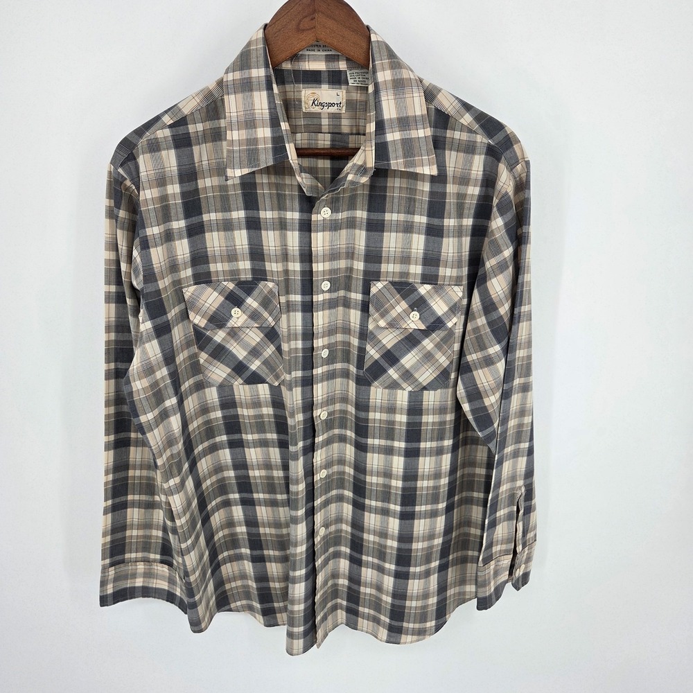 Vintage Kingsport Long Sleeve Gray‎ Tan Plaid Shirt Cotton Blend Size Large